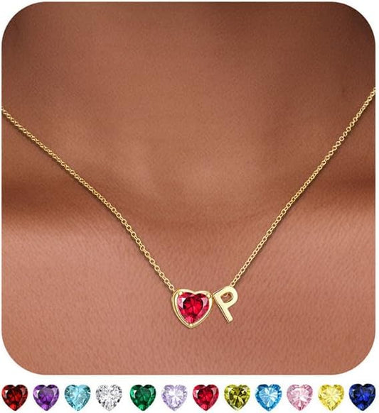 Heart Birthstone Initial Necklace for Women Girls,14K Gold Plated Heart Letter A-Z Necklace Dainty Birthday Trendy Jewelry Gifts for Women Girls Daughter