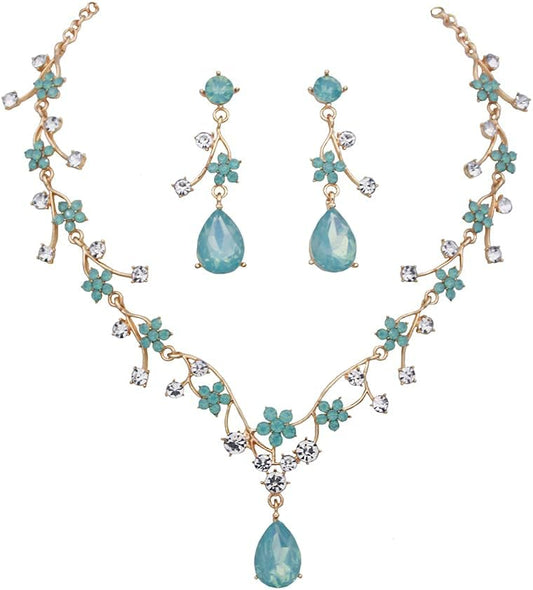Jewelry Sets for Women Wedding Flower Necklace and Dangle Earrings Gold-Plated Rhinestones Teardrop Pendants Necklace Set for Bridal Party Accessories