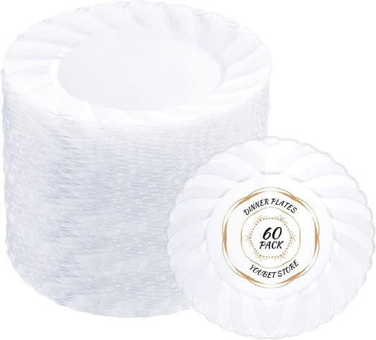 YOUBET 60Pieces Clear Plastic Plates - 10.25inch Clear Dinner Plates - Premium Heavy Duty Disposable Plate for Dinner & Wedding & Party
