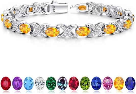 Iefil Oval Birthstone Bracelets for Women, Sterling Silver Tennis Bracelets Unique X O Design Fine Jewelry Christmas Gifts Anniversary Birthday Gifts for Her Birthstone Jewelry for Wife Mom Grandma