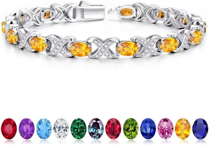 Iefil Oval Birthstone Bracelets for Women, Sterling Silver Tennis Bracelets Unique X O Design Fine Jewelry Christmas Gifts Anniversary Birthday Gifts for Her Birthstone Jewelry for Wife Mom Grandma