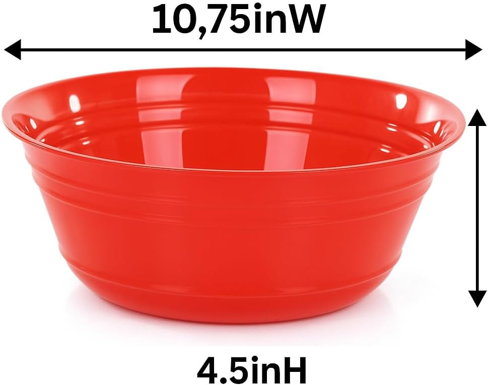 Mintra Home Snack Bowls (Large 2pk (4L), Red) - 10.75W x 4.5inH - large red plastic bowl for popcorn, snacks, drinks, candy, holiday party, Halloween, trick or treat bowls - 2 Pack