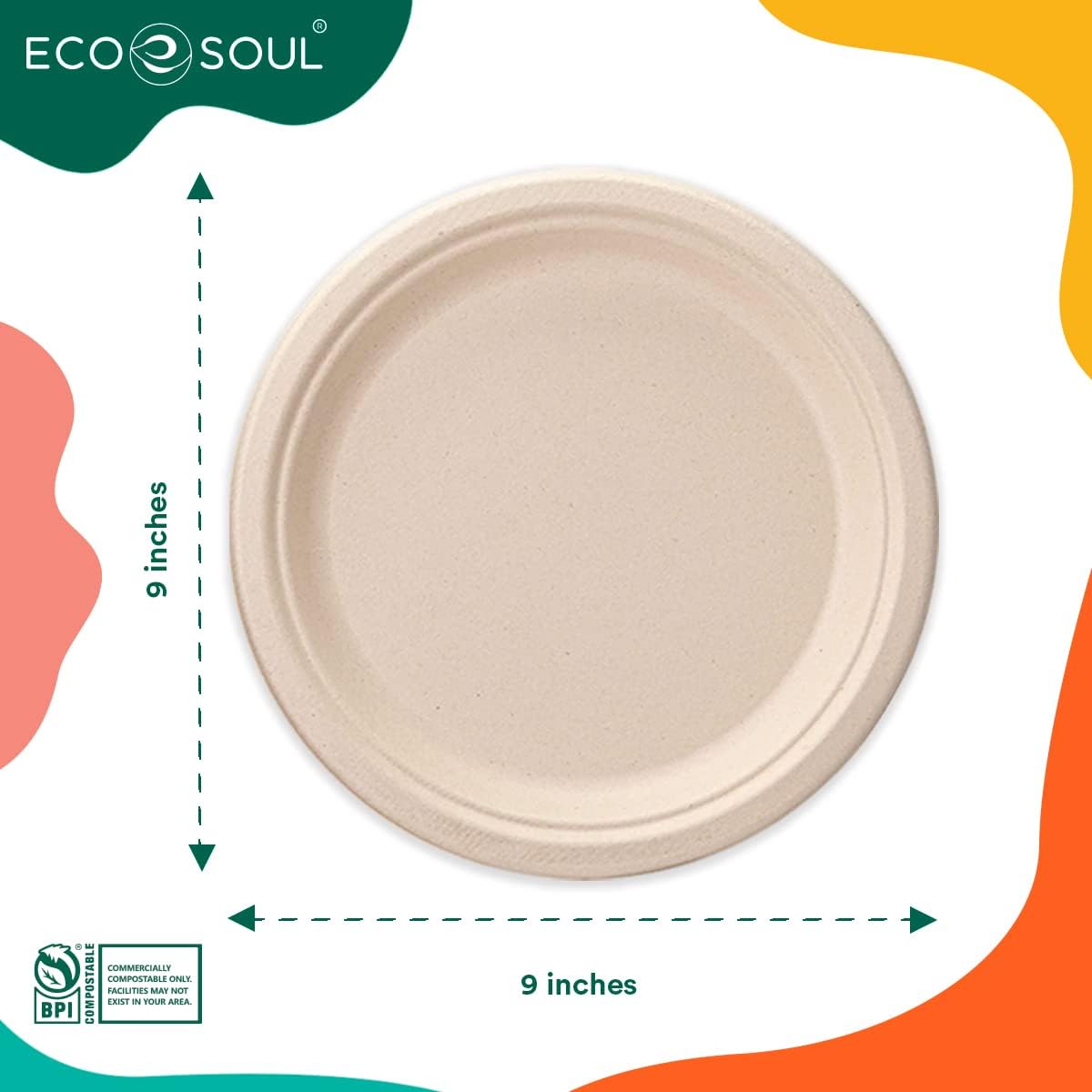 ECO SOUL Compostable 9 Inch(100-Pack) Biodegradable Disposable Paper Plates | Eco-Friendly Dinner, Party, Wedding, Event (100)