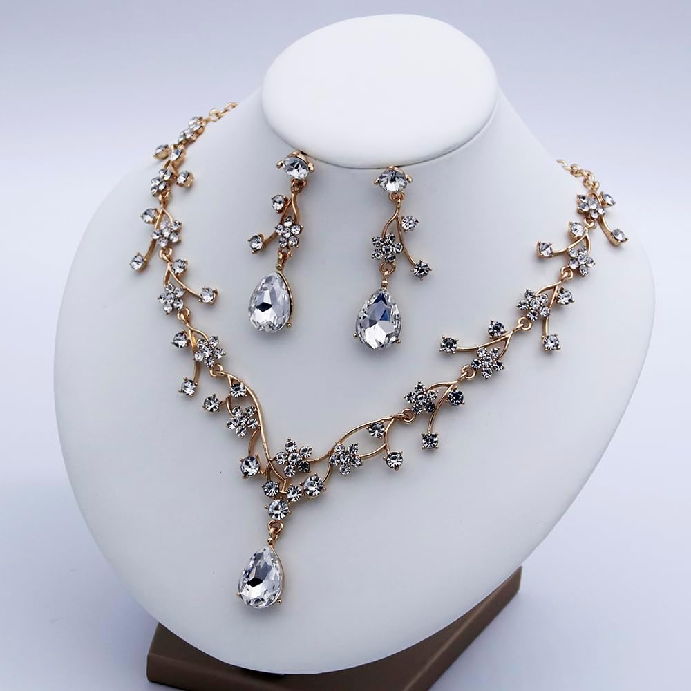 Jewelry Sets for Women Wedding Flower Necklace and Dangle Earrings Gold-Plated Rhinestones Teardrop Pendants Necklace Set for Bridal Party Accessories