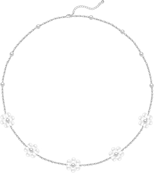 OGD Gold Pearl Necklaces Set for Women 14K Gold Plated Dainty Layered Pearl Cute Daisy Pearl Choker Gold Necklace Gifts for Women Gold Trendy Jewelry Gifts