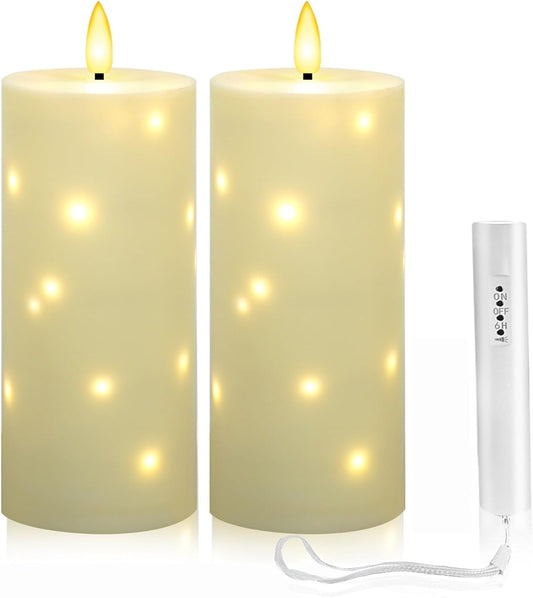 4" x 10" Large Outdoor Waterproof Flickering Flameless Candles with Timer,2Pcs Battery Operated LED Pillar Candles with Embedded Star String for Outdoor Lanterns,Porch,Patio Decor(Ivory)