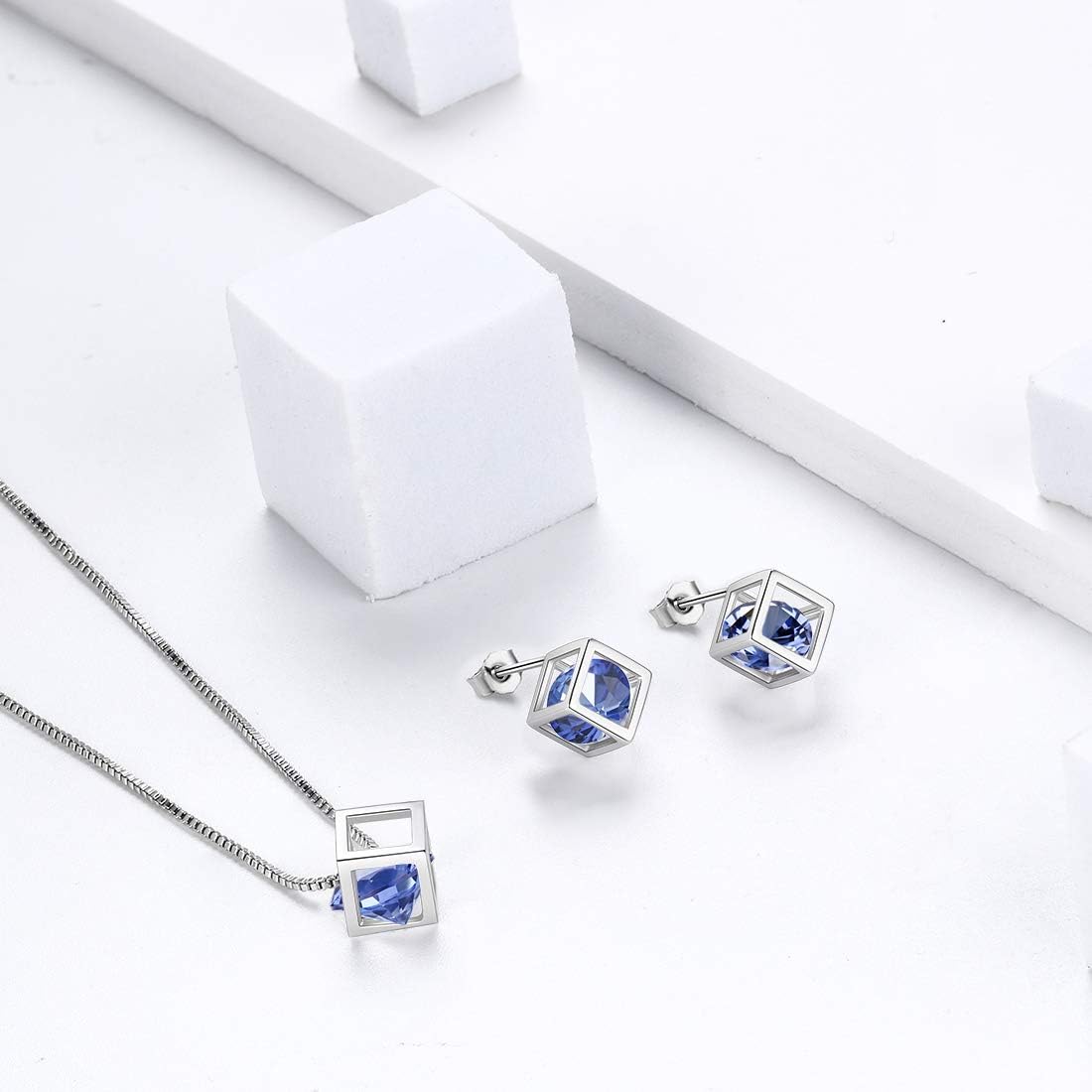 Aurora Tears Birthstone Necklace/Earring 925 Sterling Silver Women Cross/3D Cube/Cresent Moon Birth Stone Jewelry Mens Birthday Gift Anniversary Present