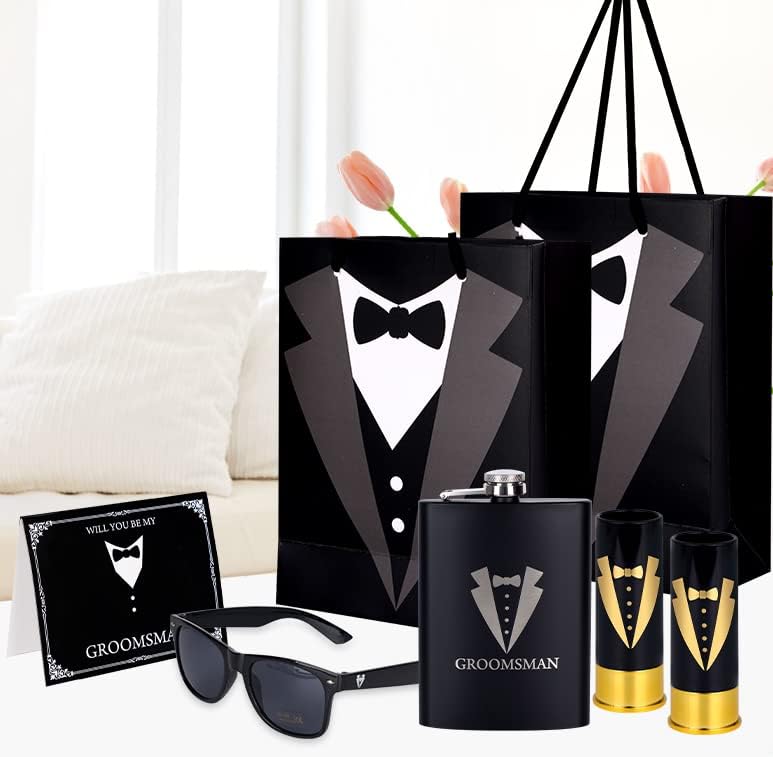 35 Pieces Groomsmen Gifts Set:6 Tuxedo Flask 6pcs Bottle Opener 6 Groomsmen Gauge Glasses 6 Sunglasses 5 Card 6 Gift Bags for Wedding Bachelor Party
