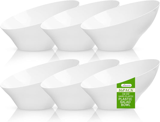 Liacere 16PCS White Plastic Serving Bowls - 54 OZ Angled Table Salad and Fruit Bowls - Disposable for Chip&Candy - Ideal for Party & Wedding & Halloween