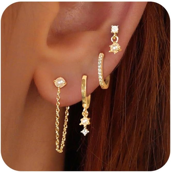 Gold Earrings for Women, 14k Gold Plated Dangle Huggie Earrings for Women Trendy Dainty Gold Hoop Earring Stacks Hypoallergenic Pearl Chain Drop Cartilage Earring Fashion Womens Jewelry
