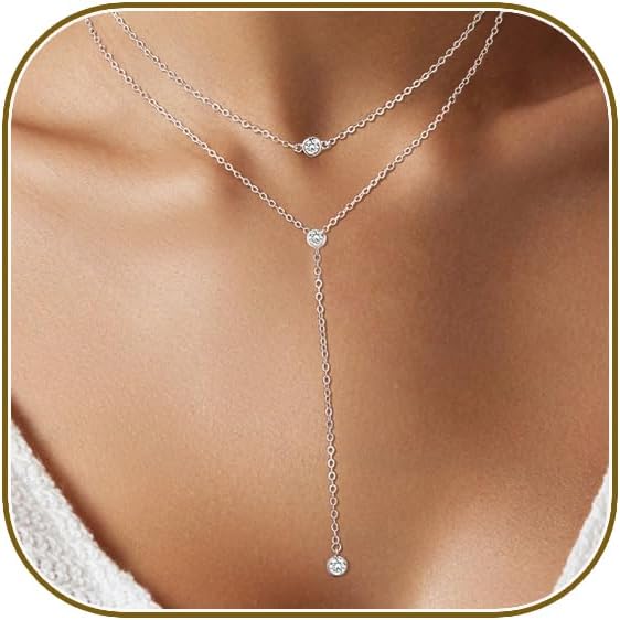 Lariat Gold Necklace for Women, Dainty Long Necklace 14k Gold Plated/Silver Y-Shaped Layered Beaded Chain Drop Necklaces for Women Trendy Simple Gold Jewelry for Women Gifts