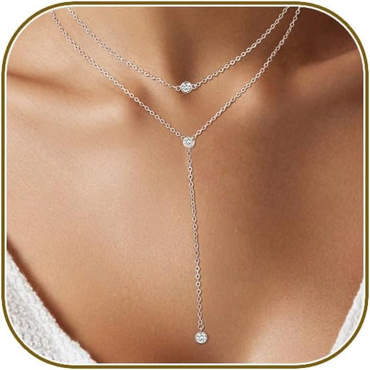 Lariat Gold Necklace for Women, Dainty Long Necklace 14k Gold Plated/Silver Y-Shaped Layered Beaded Chain Drop Necklaces for Women Trendy Simple Gold Jewelry for Women Gifts