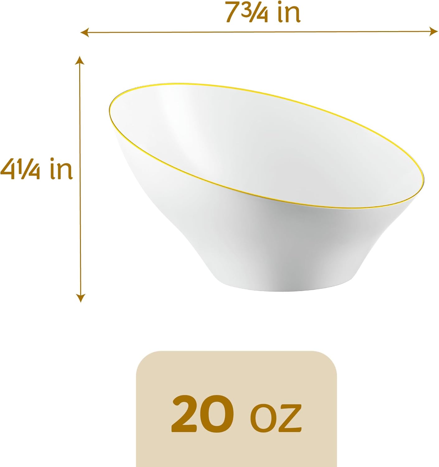 PLASTICPRO Angled Plastic Bowls Disposable Medium Plastic White Serving Bowls with Gold Rim for Party for Appetizer Salads Pack of 4