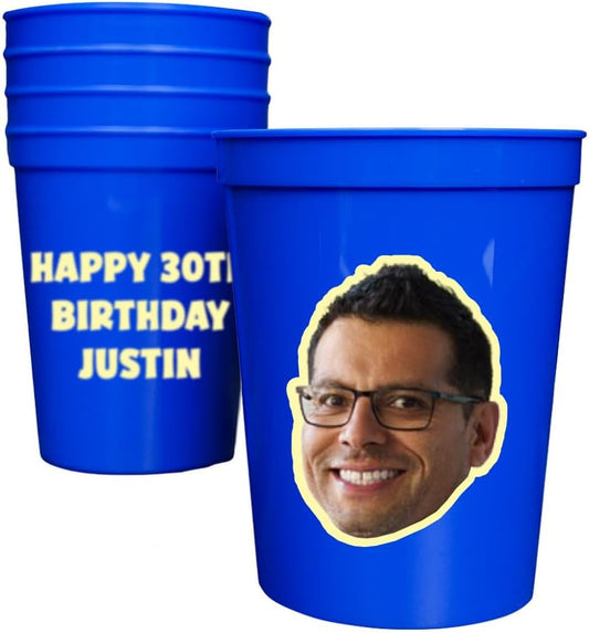 Custom Stadium Cups with Photo – Personalized 16oz Cups with Text – Printed Directly on Cup – Choose Cup Color, Text Color, Quantity and More – Party Favor for Birthdays & Events (Big Head)