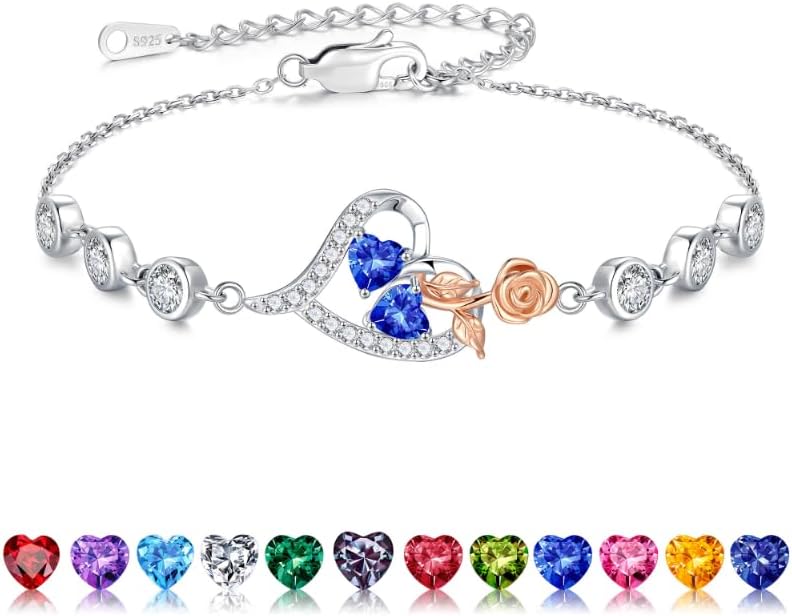 Iefil Christmas Gifts for Women - Birthstone Bracelet for Women, 925 Sterling Silver Rose Heart Charm Bracelets, Anniversary Birthday Gifts for Women Wife Mom Daughter, 6"+2"