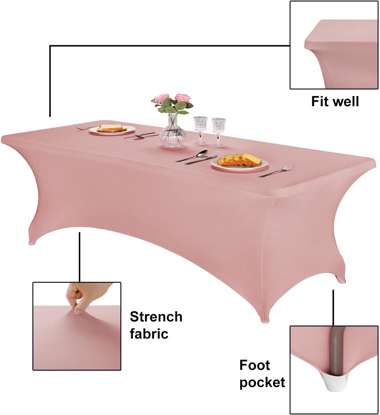 FORLIFE Spandex Table Covers - Fitted 8ft Rectangular Tablecloths, Stretch Patio Table Covers, Universal for Wedding, Banquet, Party (Dusty Rose) - Pack of 4