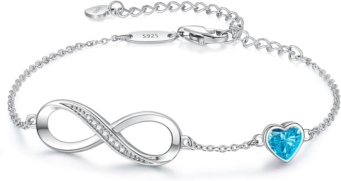 CDE Infinity Heart Birthstone Charm Link Bracelet for Women 925 Sterling Silver Adjustable Mother's Day Christmas Day Gift Anniversary Birthday Jewelry for Wife Girlfriend Her