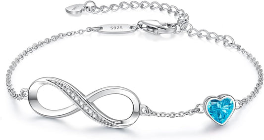 CDE Infinity Heart Birthstone Charm Link Bracelet for Women 925 Sterling Silver Adjustable Mother's Day Christmas Day Gift Anniversary Birthday Jewelry for Wife Girlfriend Her