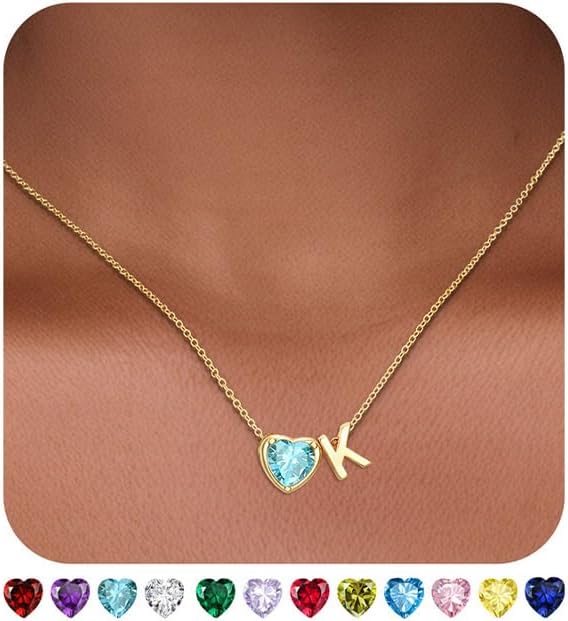 Heart Birthstone Initial Necklace for Women Girls,14K Gold Plated Heart Letter A-Z Necklace Dainty Birthday Trendy Jewelry Gifts for Women Girls Daughter