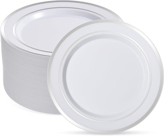 Goodluck 100PCS Silver Plastic Plates, 10.25 Inch Dinner Plate with Silver Rim, Heavy Duty Disposable Plastic Plates for Party, Wedding, Birthday & Daily Use