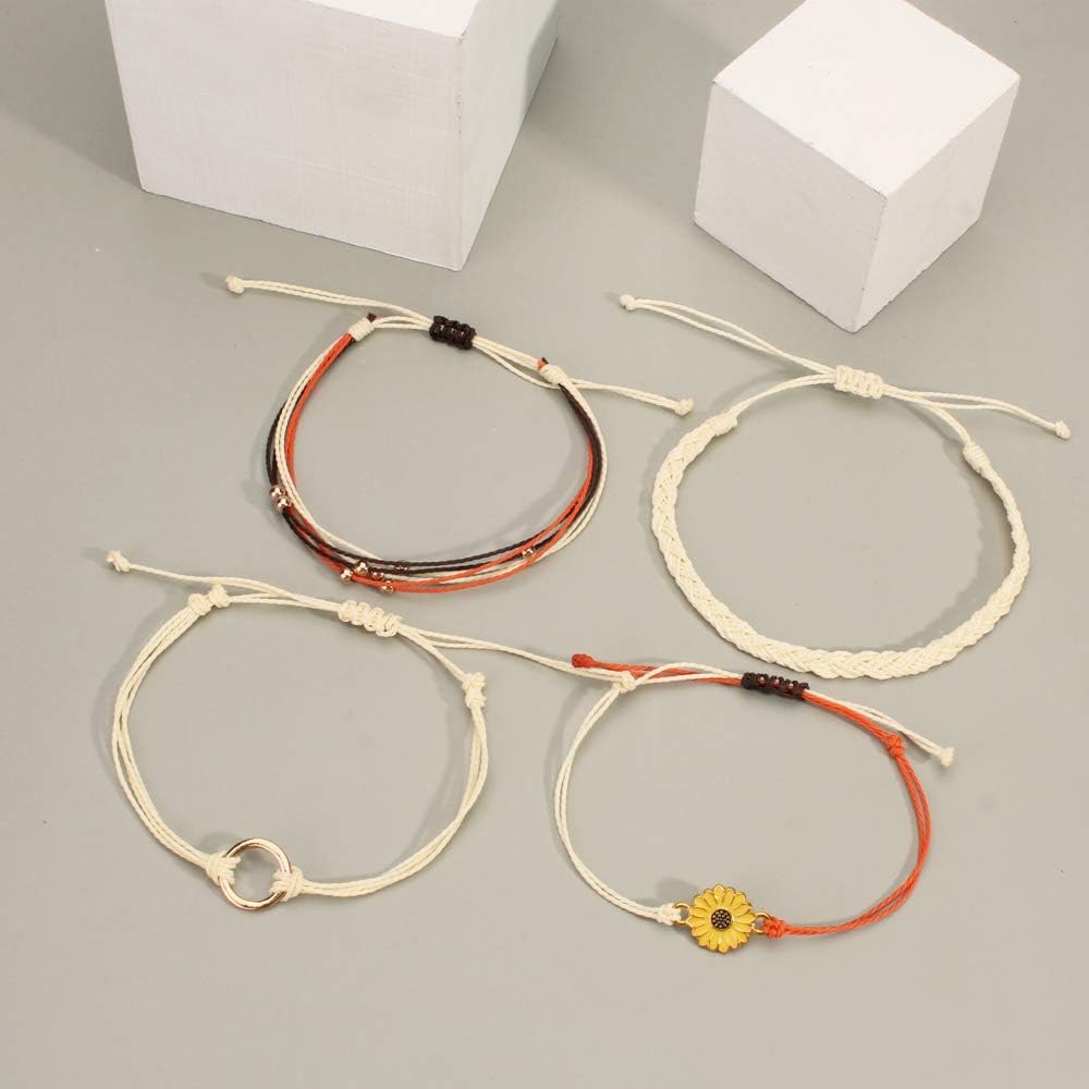 FANCY SHINY Sunflower String Bracelet Boho Braided Rope Wrap Bracelets Cute Summer Beach Surfer Jewelry for Women Christmas Gifts