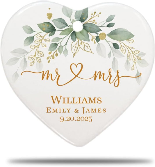 Personalized Mr and Mrs Wedding Ornament with Last Name and Date, Custom Heart Botanical Christmas Keepsake for Newlyweds – Romantic Wedding Gifts for Couple