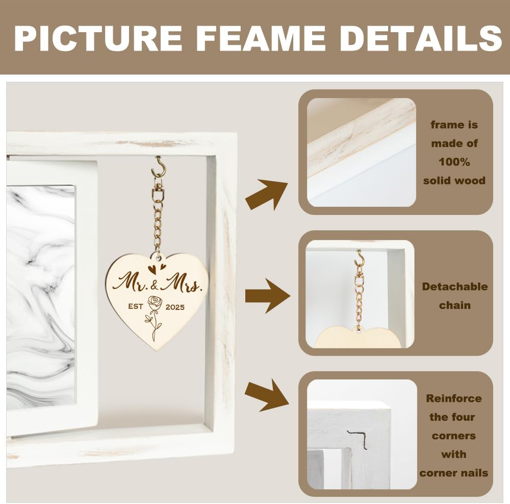 Rotating Wedding EST 2025 Picture Frame 4x6, Mr & Mrs Gifts, Bridal Shower & Engagement Gifts for Couples & Newlyweds