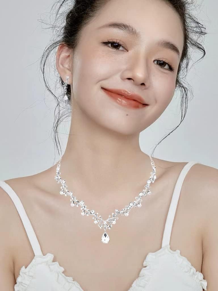 3Pcs Austrian Crystal Jewelry Set for Women, Necklace Dangle Earrings Link Bracelet Jewelry Set with Gold/Platinum/Gun Plated, Wedding Party Jewelry for Bridal Bridesmaid