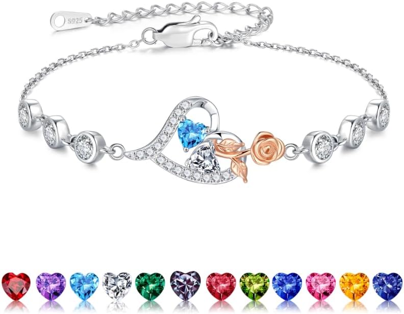 Iefil Christmas Gifts for Women - Birthstone Bracelet for Women, 925 Sterling Silver Rose Heart Charm Bracelets, Anniversary Birthday Gifts for Women Wife Mom Daughter, 6"+2"