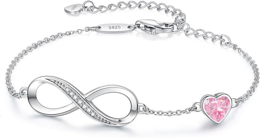 CDE Infinity Heart Birthstone Charm Link Bracelet for Women 925 Sterling Silver Adjustable Mother's Day Christmas Day Gift Anniversary Birthday Jewelry for Wife Girlfriend Her