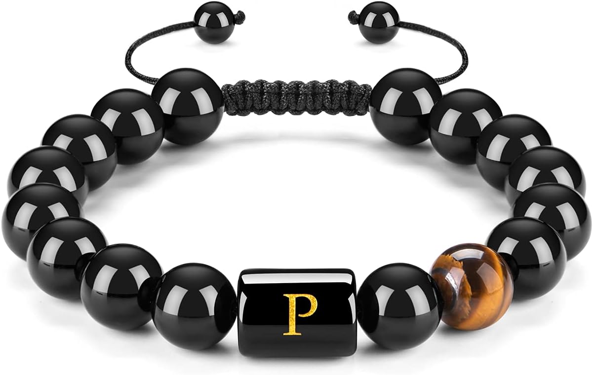 FRG Initials Bracelets for Men Letter Link Handmade Natural Black Onyx Tiger Eye Stone Beads Braided Rope Meaningful Bracelet