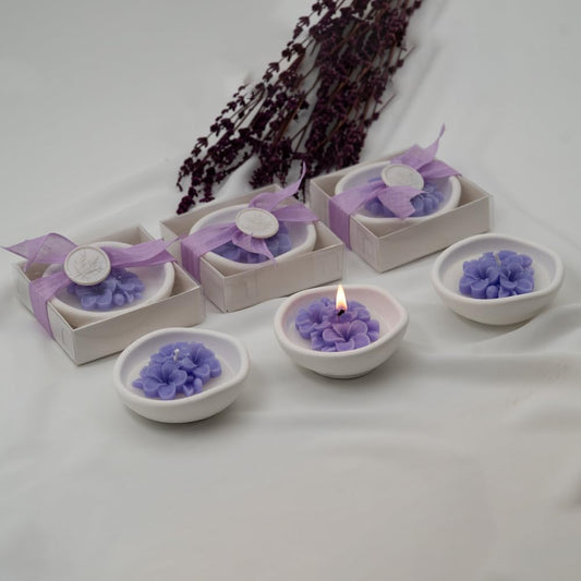 Purple Violet Scented Soy Wax Candles Set of 6 in Ceramic Bowls, Elegant Thank You Gifts for Wedding, Bridal Shower, Party Guests, & Home Decor