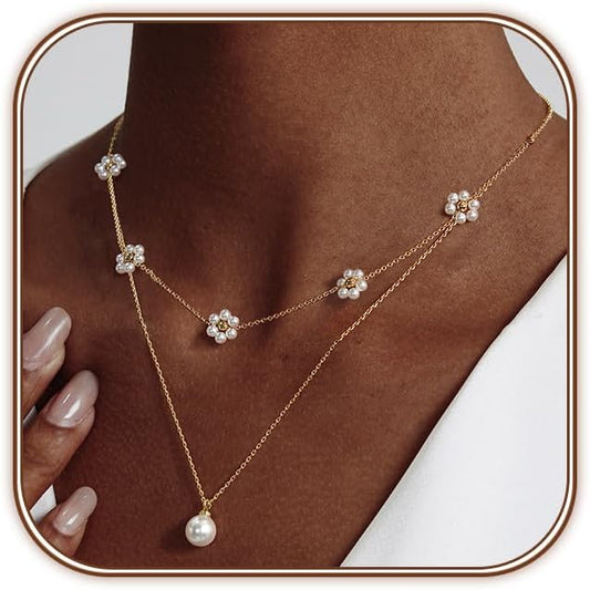 Gold Jewelry Set for Women - Dainty 14K Gold Plated Pearl Necklace and Earring Set with Drop Earrings, Bracelets, Choker Necklace - Wedding Jewelry Gift