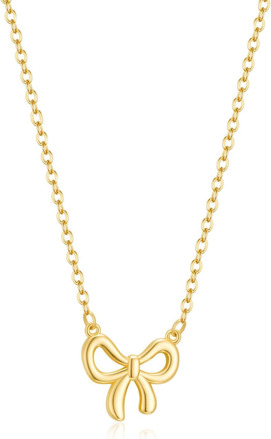 Stocking Stuffers for Women Dainty Bow Necklace 14K Gold Plated Cute Choker Small Pendant Charm Necklaces Teen Gift Trendy Stuff Personalized Jewelry Christmas Gifts