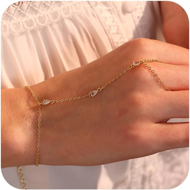 Listine Hand Chain Bracelet 14K Gold Plated Ring Bracelet Hand Chain Trendy Stuff for Women Dainty Hand Bracelets with Finger Ring Hand Jewelry for Women