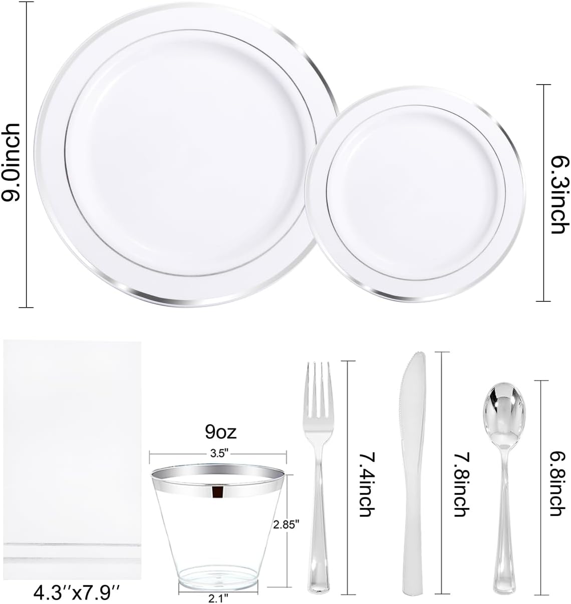 GATHER 350PCS Silver Plastic Plates - White and Silver Disposable Plates for 50 Guests Includes 50 Dinner Plates 50 Dessert Plate 50 Napkins 150 Silvery Cutlery and 50 Cups for Wedding & Party