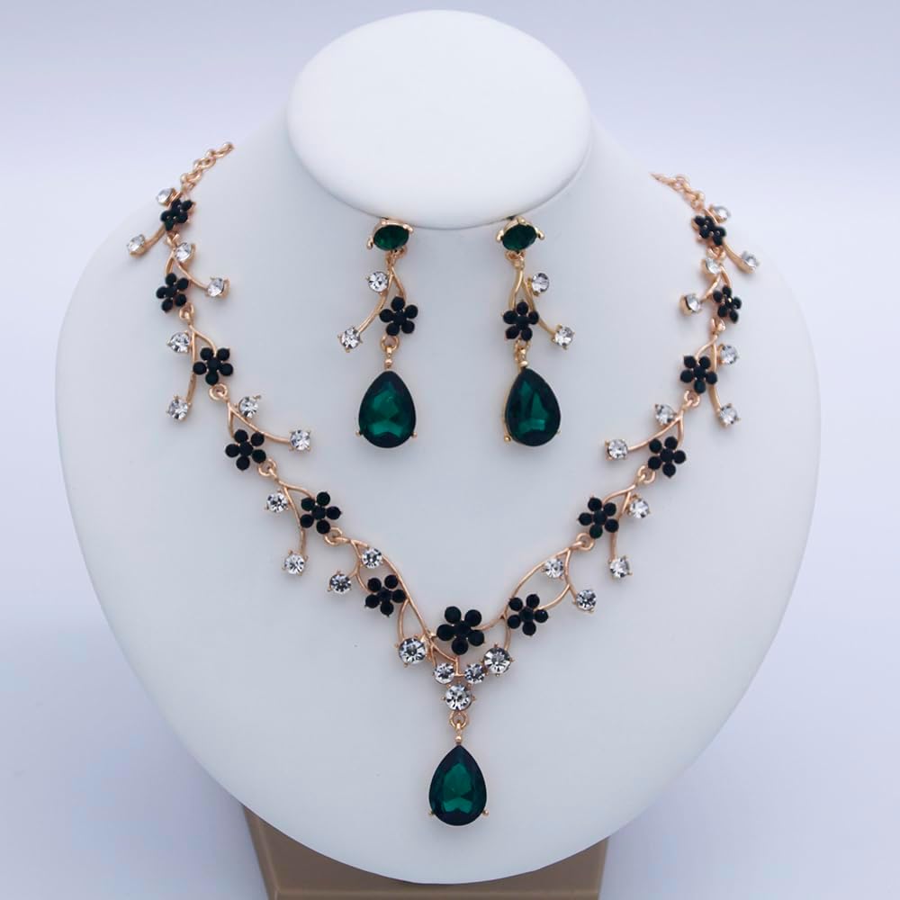Jewelry Sets for Women Wedding Flower Necklace and Dangle Earrings Gold-Plated Rhinestones Teardrop Pendants Necklace Set for Bridal Party Accessories