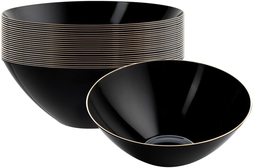 Restaurantware-Moderna 6 Ounce Plastic Bowls, 20 Durable Disposable Salad Bowls - Gold-Rimmed, Heavy-Duty, Black Plastic Fancy Bowl, For Warm And Cold Foods, Ideal For Restaurants