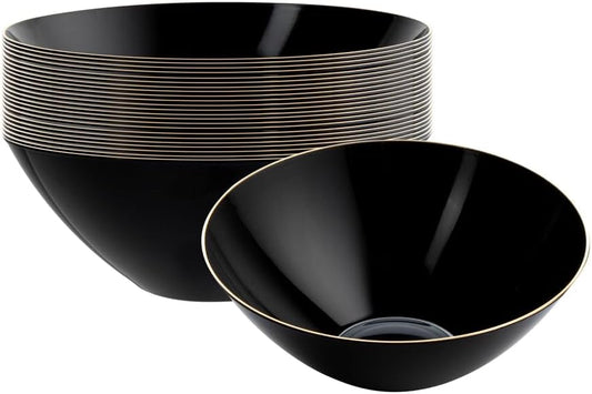 Restaurantware-Moderna 6 Ounce Plastic Bowls, 20 Durable Disposable Salad Bowls - Gold-Rimmed, Heavy-Duty, Black Plastic Fancy Bowl, For Warm And Cold Foods, Ideal For Restaurants