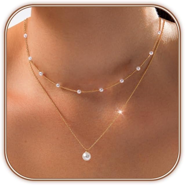 OGD Gold Pearl Necklaces Set for Women 14K Gold Plated Dainty Layered Pearl Cute Daisy Pearl Choker Gold Necklace Gifts for Women Gold Trendy Jewelry Gifts