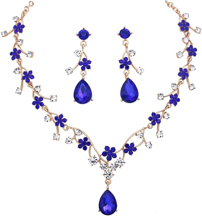 Jewelry Sets for Women Wedding Flower Necklace and Dangle Earrings Gold-Plated Rhinestones Teardrop Pendants Necklace Set for Bridal Party Accessories