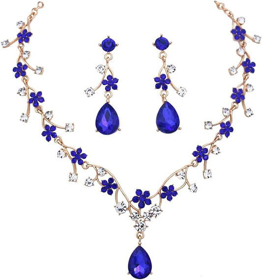 Jewelry Sets for Women Wedding Flower Necklace and Dangle Earrings Gold-Plated Rhinestones Teardrop Pendants Necklace Set for Bridal Party Accessories