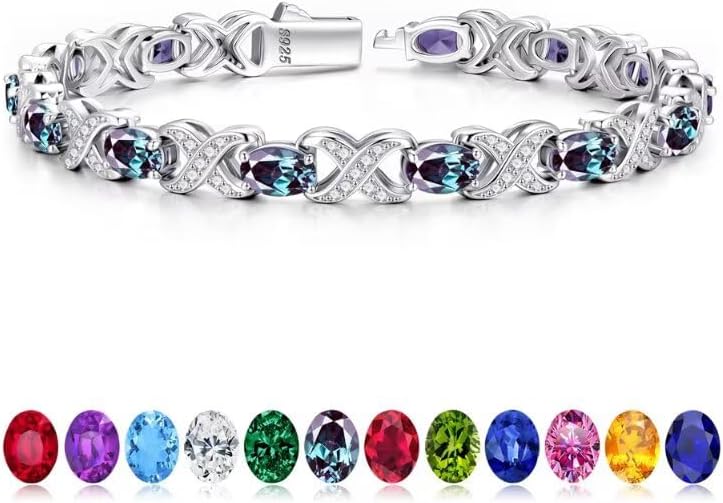 Iefil Oval Birthstone Bracelets for Women, Sterling Silver Tennis Bracelets Unique X O Design Fine Jewelry Christmas Gifts Anniversary Birthday Gifts for Her Birthstone Jewelry for Wife Mom Grandma
