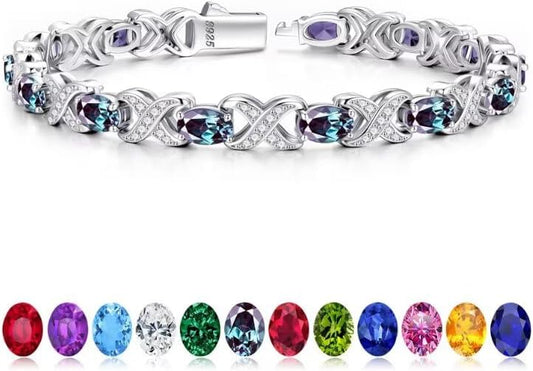 Iefil Oval Birthstone Bracelets for Women, Sterling Silver Tennis Bracelets Unique X O Design Fine Jewelry Christmas Gifts Anniversary Birthday Gifts for Her Birthstone Jewelry for Wife Mom Grandma