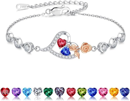 Iefil Christmas Gifts for Women - Birthstone Bracelet for Women, 925 Sterling Silver Rose Heart Charm Bracelets, Anniversary Birthday Gifts for Women Wife Mom Daughter, 6"+2"