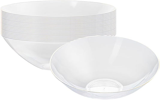 Restaurantware-Moderna 16 Ounce Plastic Bowls, 20 Durable Disposable Salad Bowls - Gold-rimmed, Heavy-duty, Clear Plastic Fancy Bowl, For Warm And Cold Foods, Ideal For Restaurants