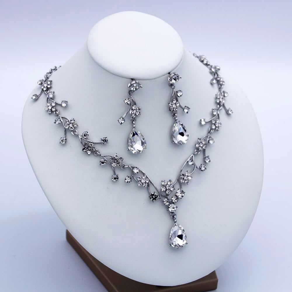 Jewelry Sets for Women Wedding Flower Necklace and Dangle Earrings Gold-Plated Rhinestones Teardrop Pendants Necklace Set for Bridal Party Accessories