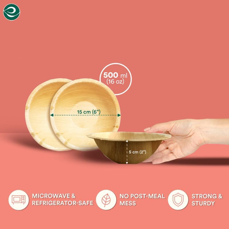 ECO SOUL 100% Compostable, Biodegradable, Disposable Palm Leaf Bowls, Like Bamboo Bowls, Eco-friendly | Sturdy, Microwave & Oven Safe (50, Large 6" (16 Oz) | Round)