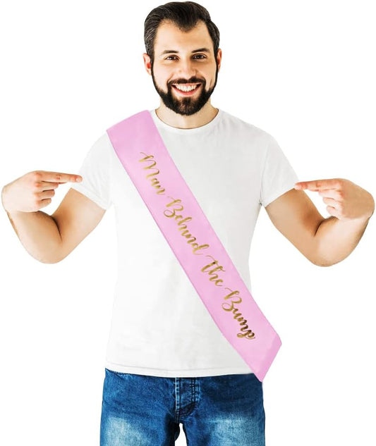 "Man Behind The Bump" Funny Baby Shower Sash for Daddy to Be, Baby Shower Party Decorations Gifts Supplies Dad to Be Baby Gender Reveal Ideas New Father Favors (Pink)