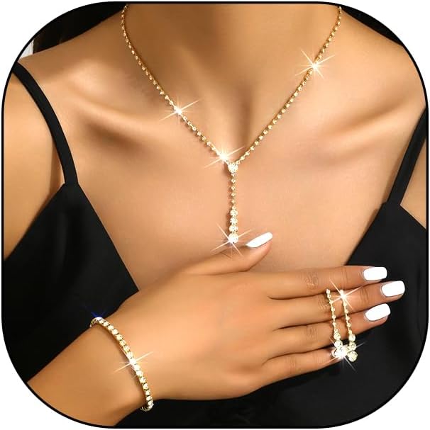 GIGB PBDK Dainty Silver Jewelry Set Crystal Rhinestone Pendant Necklace Bracelet Earrings Trendy Bridal Wedding Prom Dresses Costume Jewelry Sets for Women Wife